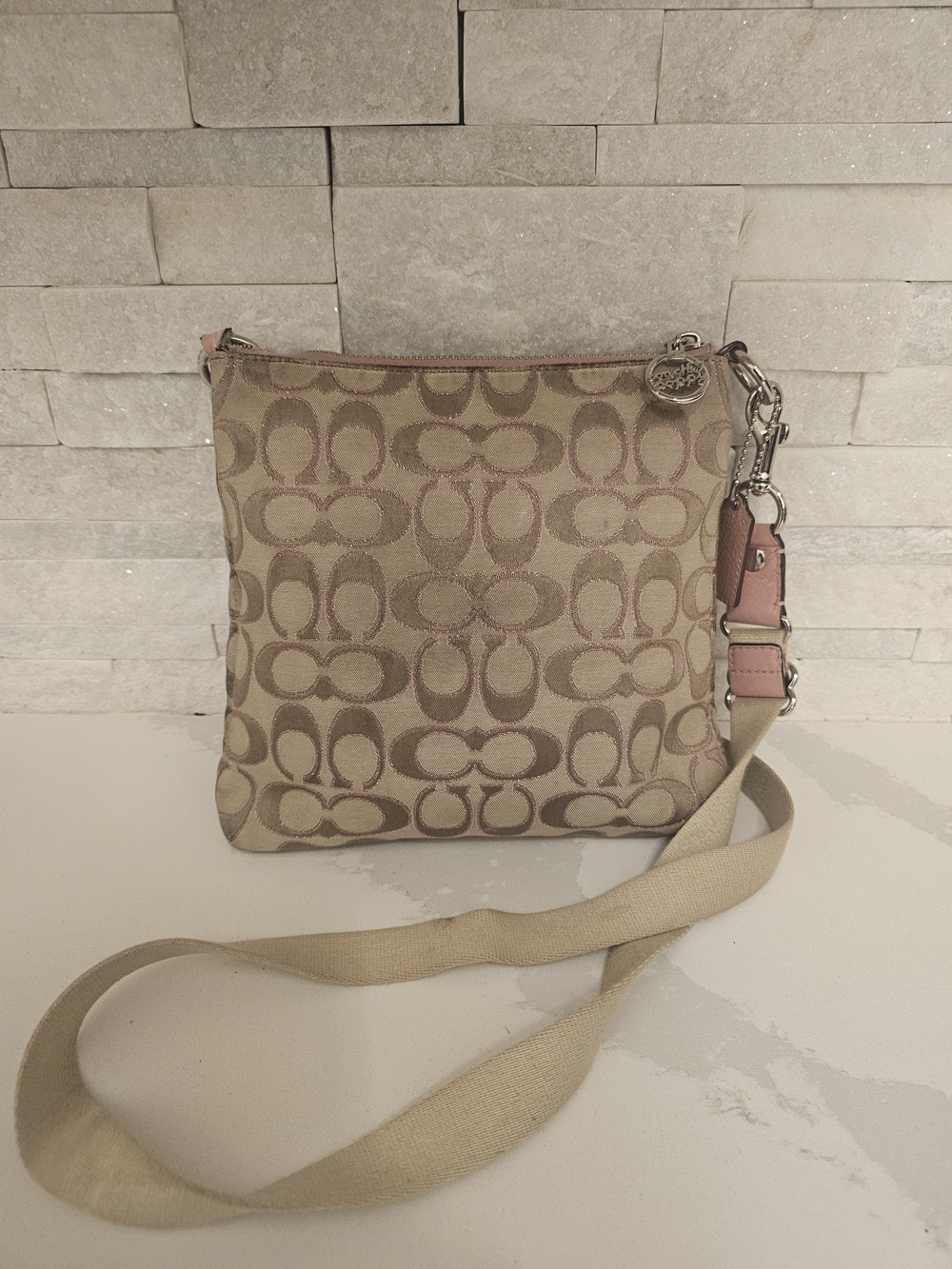 Coach Signature Canvas Crossbody Bag in Beige and Pink - Picture 2 of 12